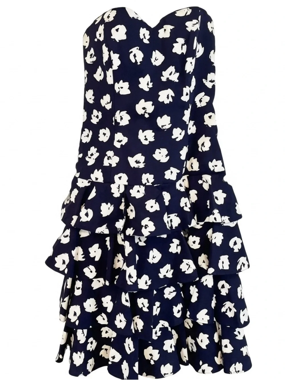 Vintage 80s 90s Dress Strapless Ruffled Cocktail Patty O’Neil Navy White Floral - Picture 2 of 8
